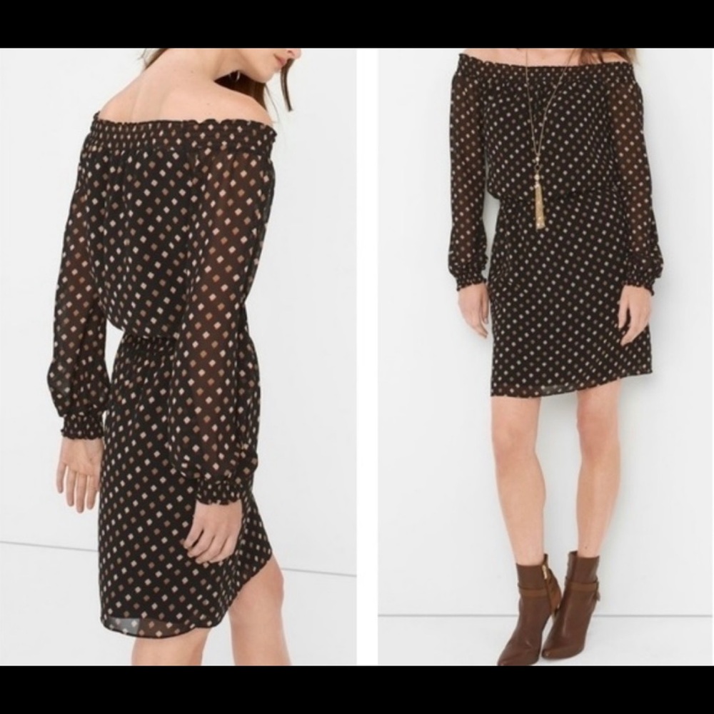 WHBM women’s mini dress black geometric print off shoulder Sz:M
